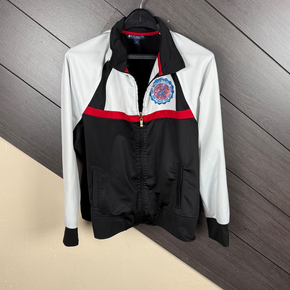 Rocawear Women's 1X Track Jacket Black White Red Sequin Logo Y2K Hip Hop